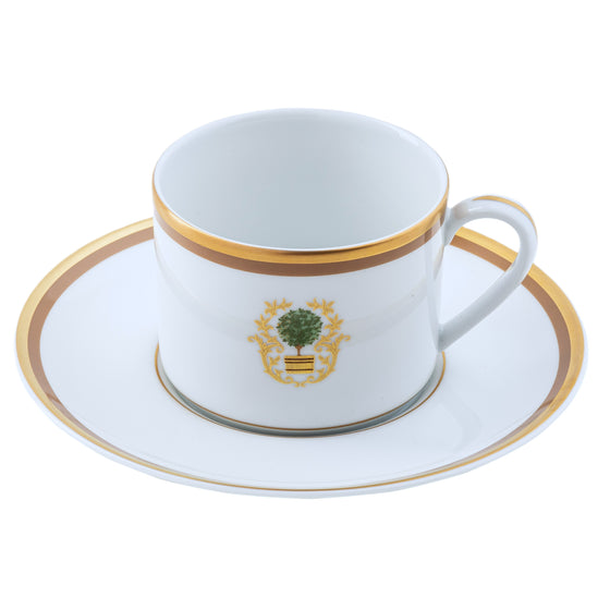 Charlotte Moss Ultra-White Topiary Motif - Teacup - Gold and Brown Band