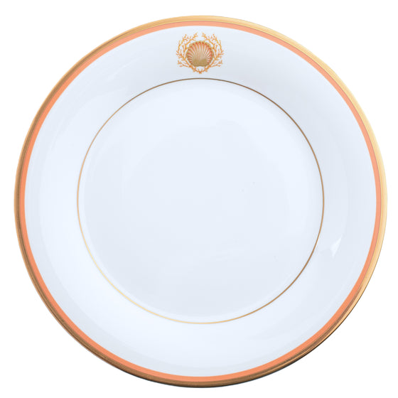 Charlotte Moss Ultra- White Shell Motif - Dinner - Gold and Coral Band