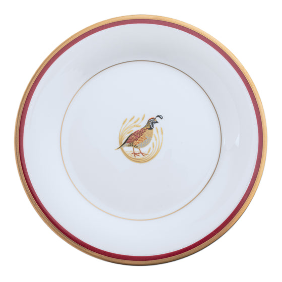 Charlotte Moss Ultra-White Quail Motif Center Well - Salad Plate - Gold and Red Band