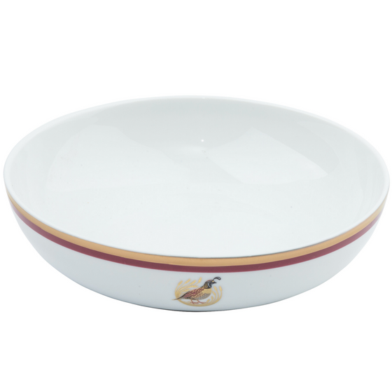 Charlotte Moss Ultra-White Quail Motif - Coupe Soup - Gold and Red Band