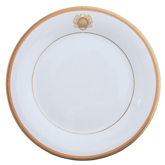 Charlotte Moss Ultra-White Shell Motif On Rim - Salad - Gold and Coral Band - Pickard China - UCMWSHMR-005-TR