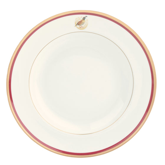 Charlotte Moss White Quail Motif  On Rim - Dinner - Gold and Red Band