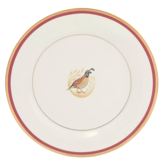 Charlotte Moss White Quail Motif Center Well - Bread & Butter - Gold & Red Band