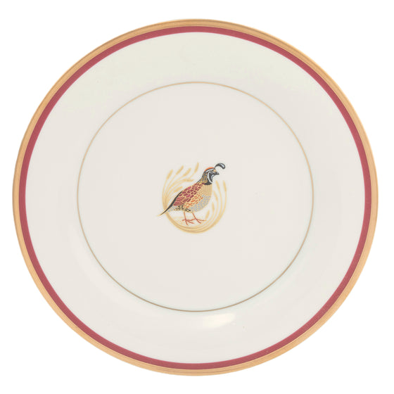 Charlotte Moss White Quail Motif Center Well - Salad - Gold and Red Banding