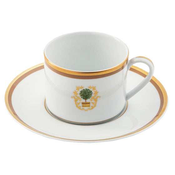 Charlotte Moss White Topiary Motif - Teacup Saucer - Gold and Brown Band