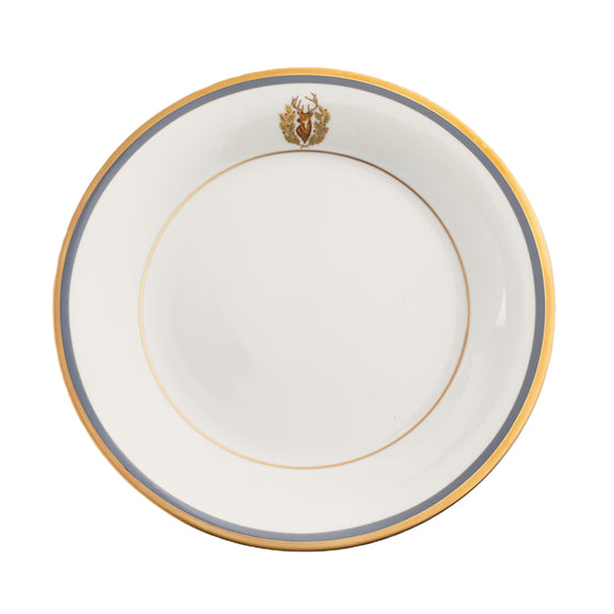 Charlotte Moss White Stag Motif On Rim - Charger Plate - Gold and Gray-Blue Band