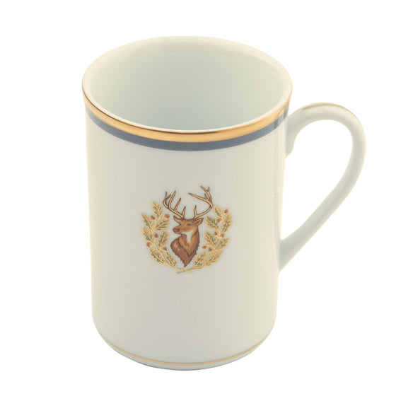 Charlotte Moss White Stag Motif - Mug - Gold and Gray-Blue Band