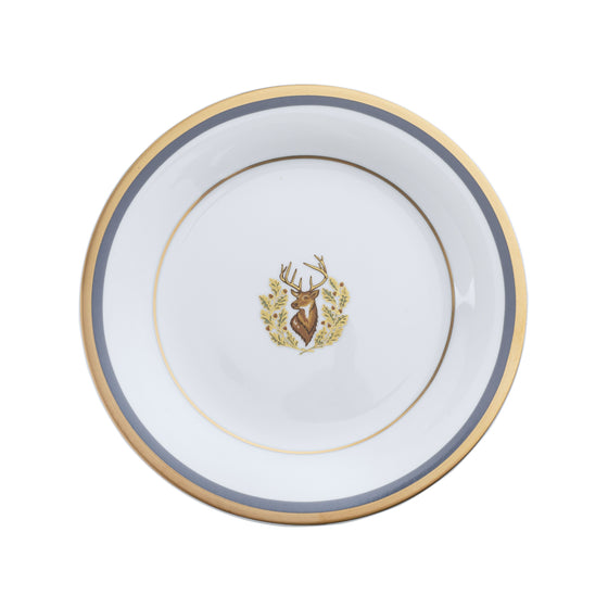 Charlotte Moss Ultra-White Stag Motif Center Well - Bread & Butter - Gold & Gray-Blue Band