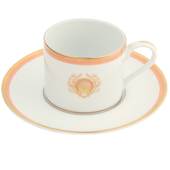 Charlotte Moss White Shell Motif - Teacup - Gold and Coral Band