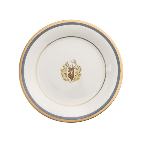 Charlotte Moss White Stag Motif Center Well - Salad - Gold and Gray-Blue Band