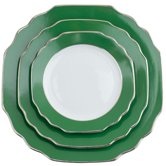 Georgian Colorsheen Emerald Green Platinum Banding Ultra-White 5 Piece Place Setting - Pickard China -